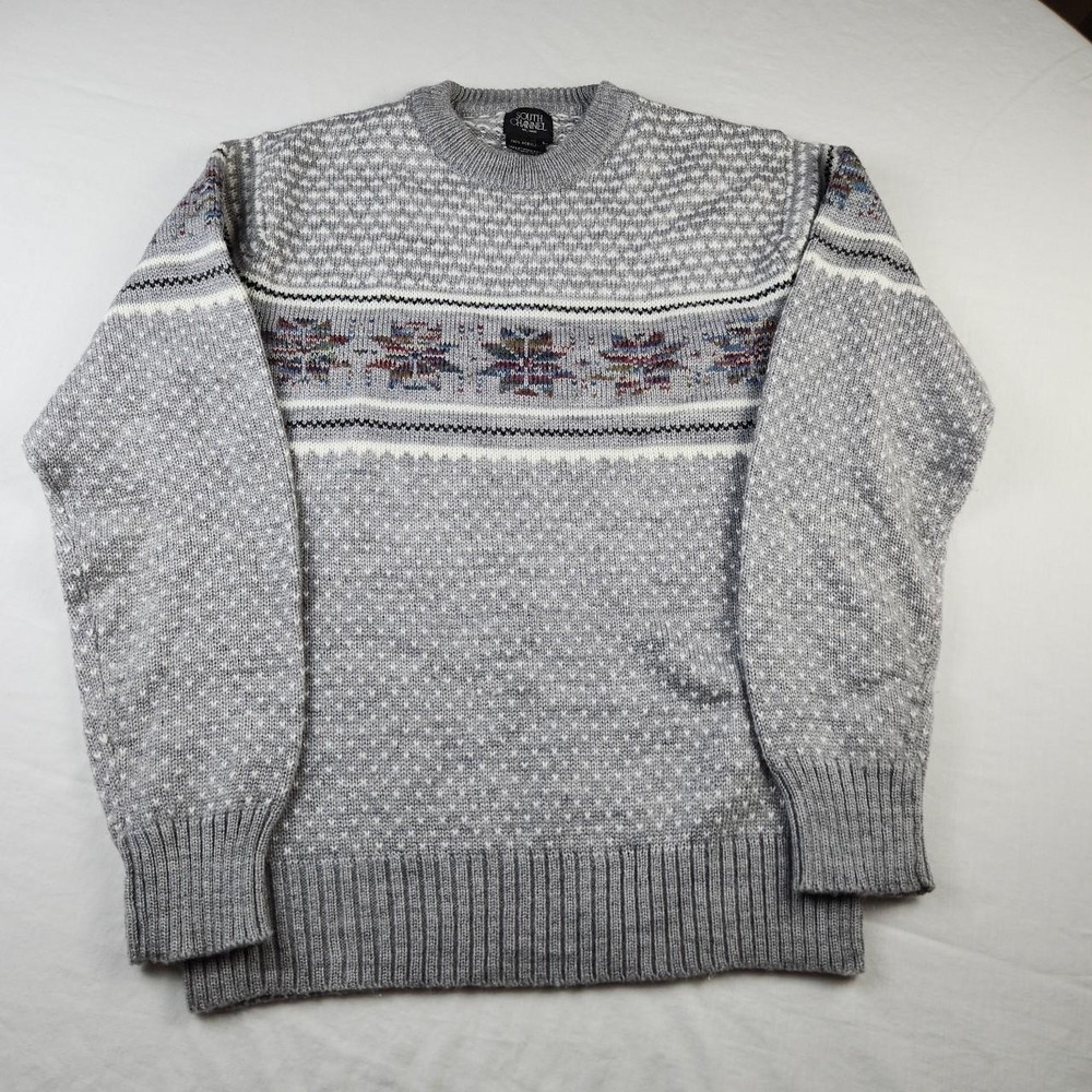 South Channel Vintage 90s Mens Acrylic Sweater Geometric Snowflake Grey Large